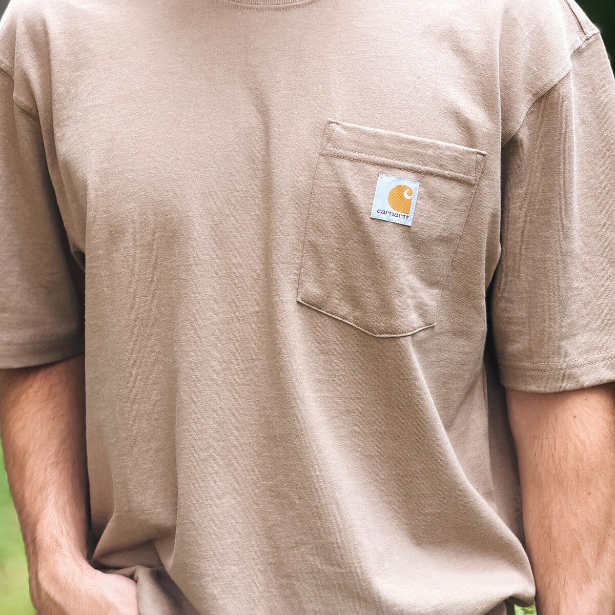 Front of Carhartt Walking Cy Desert Brown Short Sleeve T-Shirt design close up